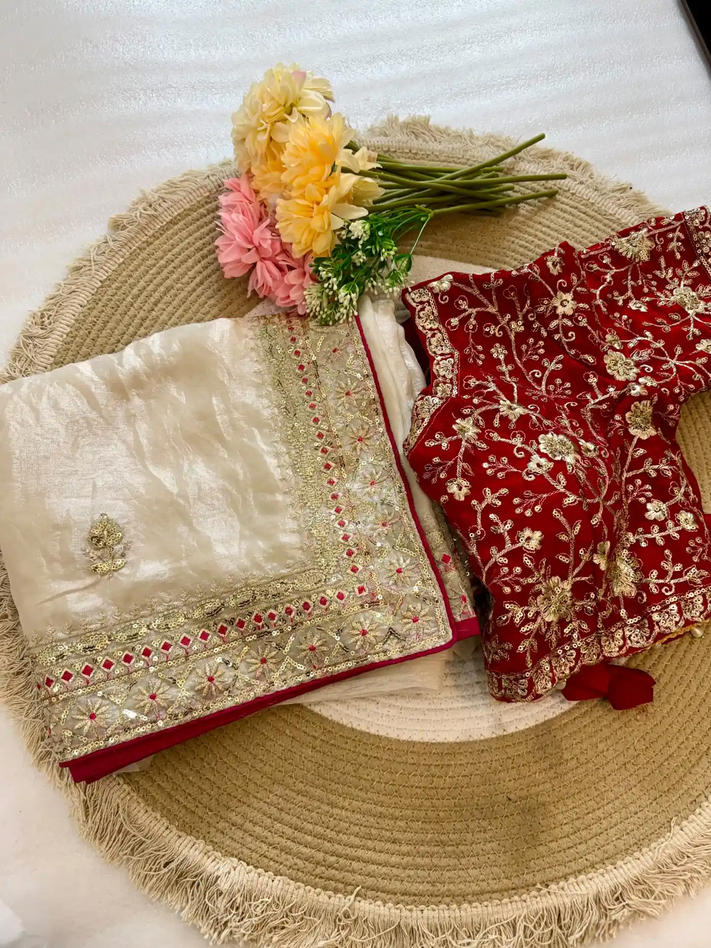 Cream Multi-Thread Heavy Embroidery Soft Space Silk Saree